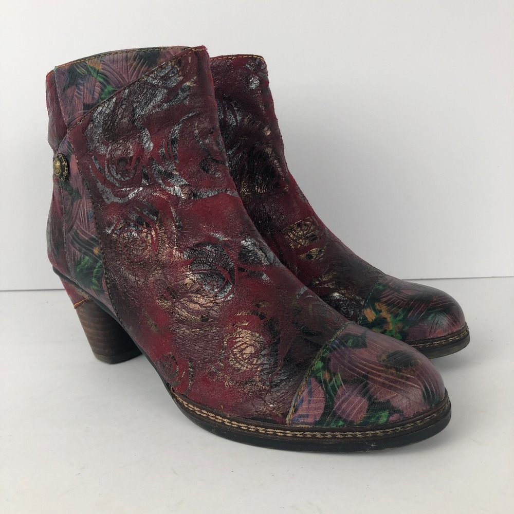 L'Artiste Spring Step Waterlily Floral Leather Ankle Boots Sz 39 Red Metallic - Picture 6 of 16